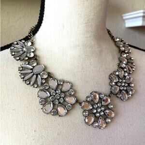 Flower Studded Rhinestone Statement Necklace Princess Glam Floral Jewelry Brass